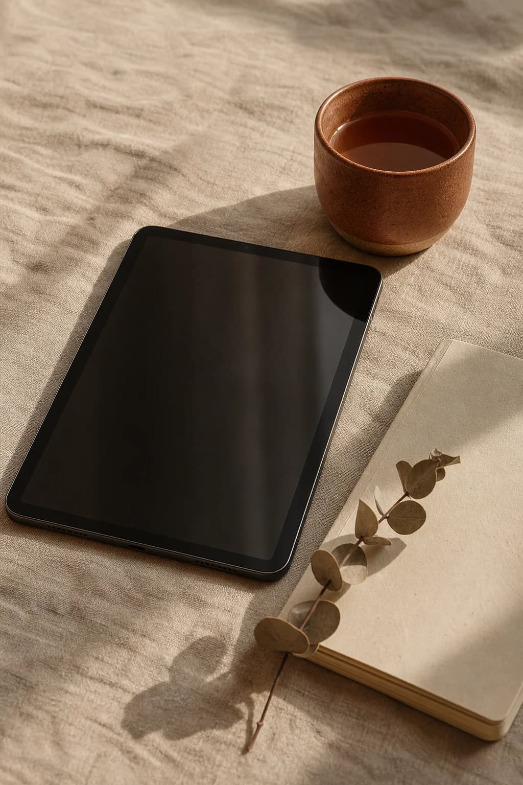 A tablet, tea and notebook resting on warm linen in morning light