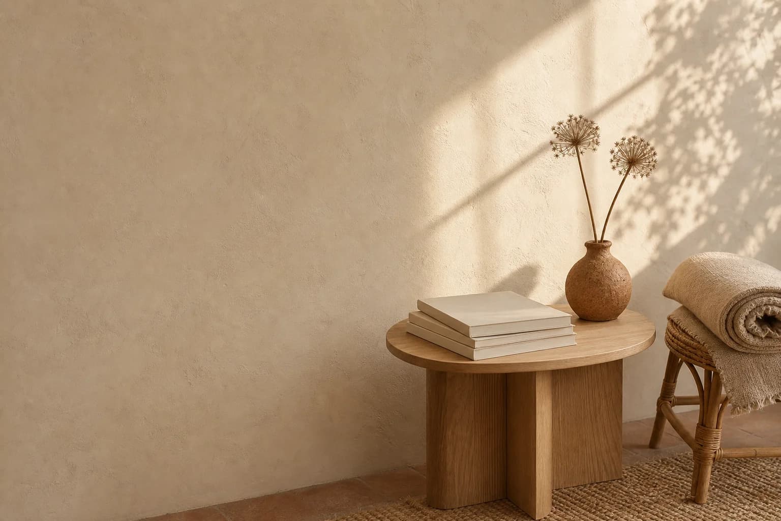 A quiet sunlit corner with a stack of guides on a wooden table